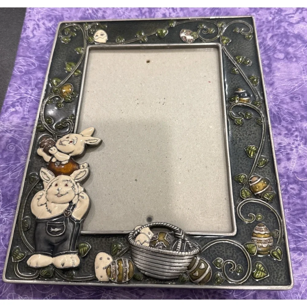 Metalware Metal‎ Enamel Picture Frame Rabbit Bunny Eggs Basket Easter